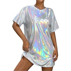 NWOT Y2K‎ Shiny Holographic Metallic Oversized Disco T-Shirt Dress XXS